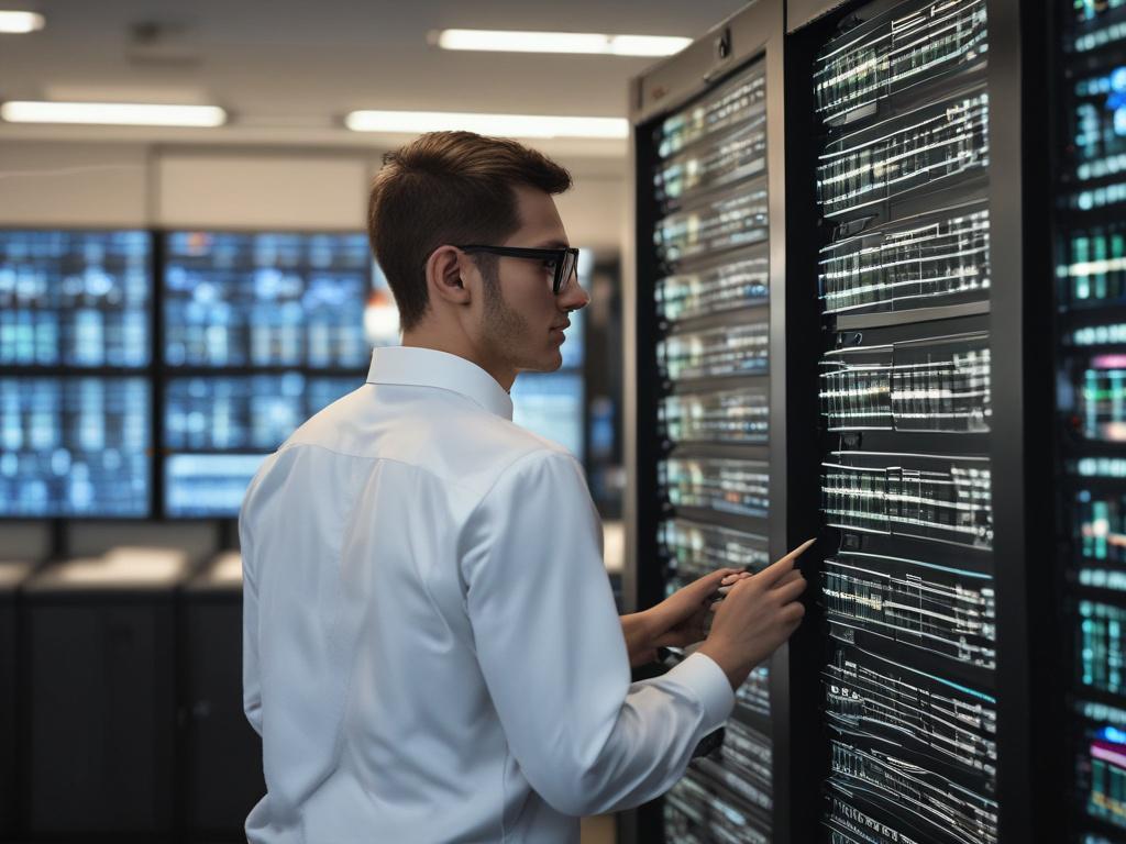 A hyper-realistic close-up shot of a technician monitoring multiple server screens in a data center, showing detailed graphs and metrics, shot with a 45mm f/1.2 lens, in a high-tech environment.