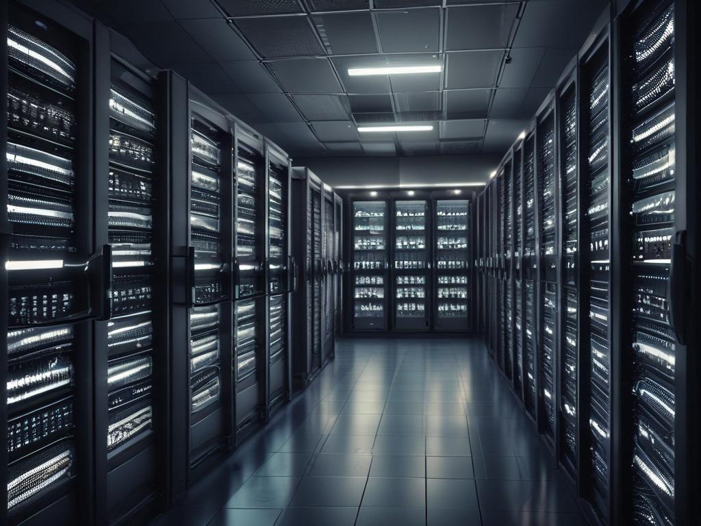 A high-resolution close-up shot of a modern server room, showcasing rows of powerful servers with blinking lights. The focus should be on a single server with a sleek design, emphasizing its metallic finish and intricate details. The background should be softly blurred to highlight the server, with a hint of green lighting to complement the rgb(50, 170, 39) primary color. The overall composition should be clean and professional, capturing the essence of high-performance technology.