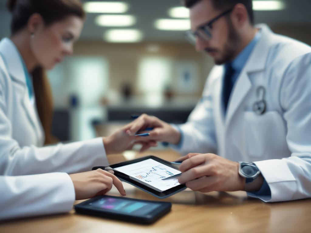 close-up of a healthcare professional reviewing data on a tablet, hyper-realistic, focus on the device and hands, blurred background of a healthcare facility, rgb(50, 170, 39) color accents