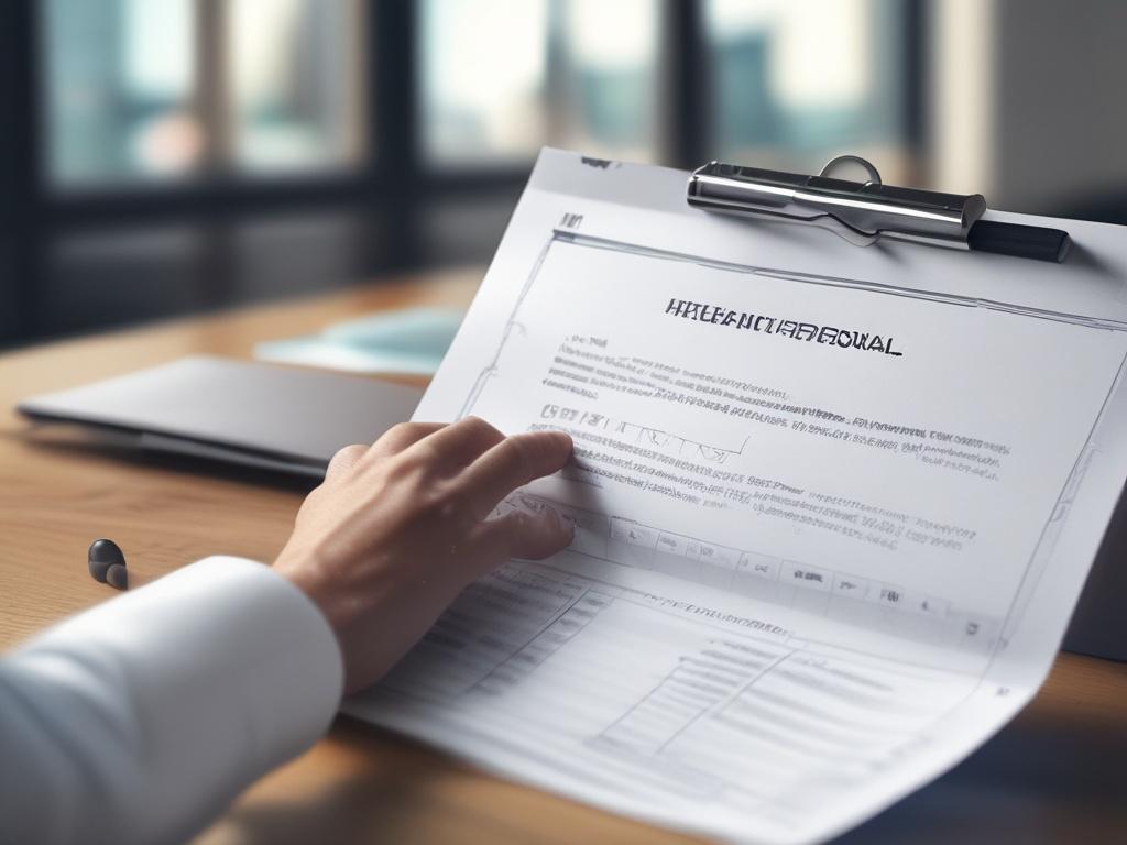 A healthcare professional reviewing compliance documents in a modern office setting, with a focus on a well-organized desk and a computer displaying regulatory information. The background should be softly blurred to emphasize the subject, styled in a hyper-realistic manner, shot with a 45mm f/1.2 lens.