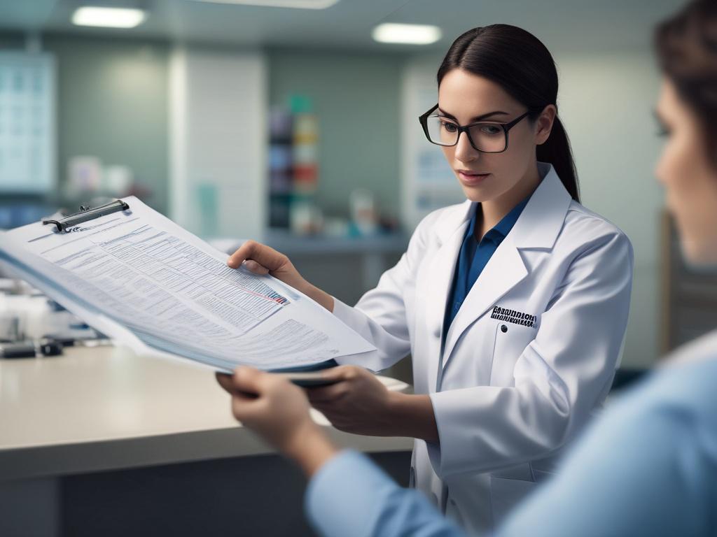 A high-resolution close-up shot of a healthcare professional reviewing documents and charts in a modern medical facility, showcasing focus and determination. The background is softly blurred, emphasizing the subject, with a color palette compatible with rgb(50, 170, 39). The professional is engaged in a training session, reflecting the theme of JCI Accreditation Support Services.