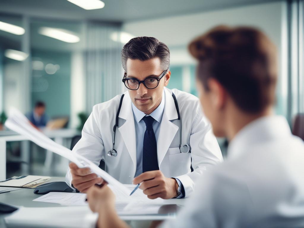 A healthcare consultant reviewing regulatory documents in a modern office