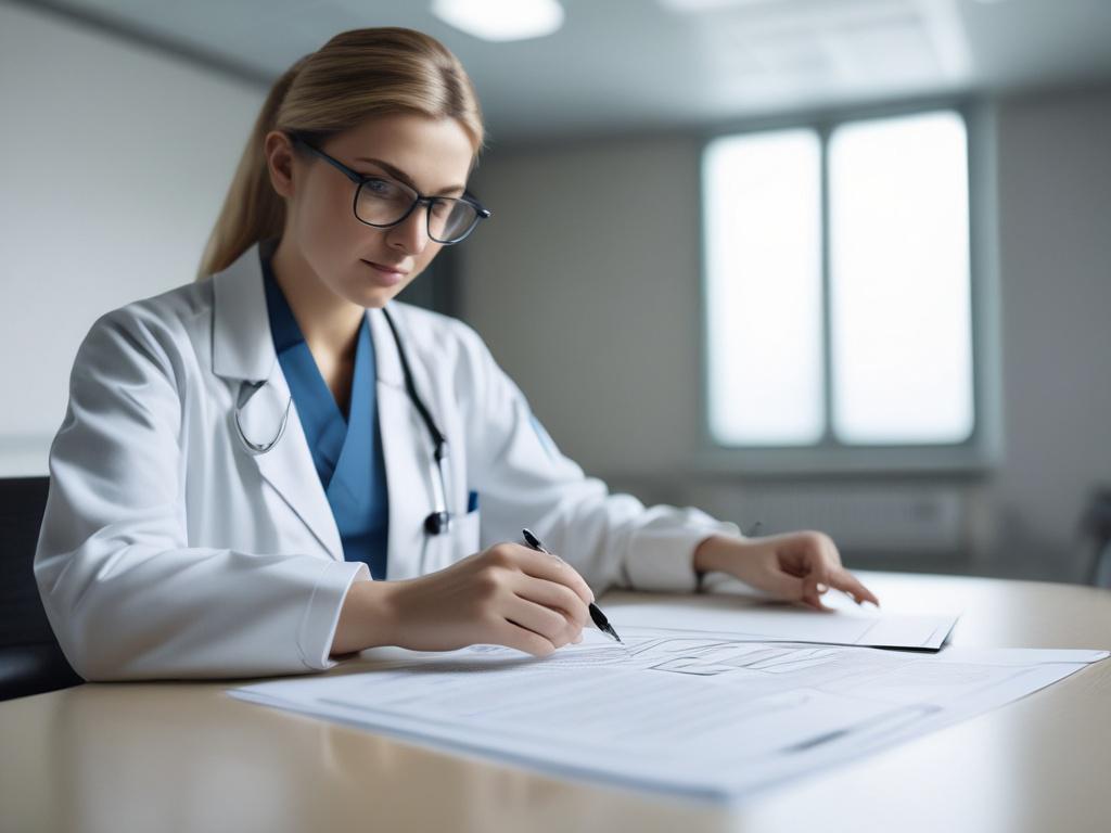 high-resolution close-up shot of a healthcare facility audit in progress, featuring a healthcare auditor reviewing documents with a healthcare professional. The background should be a clean, modern healthcare environment, with soft natural lighting. The image should be captured using a 45mm f/1.2 lens style, emphasizing clarity and detail.
