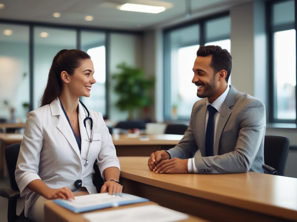 A healthcare professional in a modern office setting, smiling and engaged in a conversation with a colleague. The background should feature a sleek office design with warm lighting and professional decor. The focus should be on the healthcare professional, capturing a moment of collaboration. The image should be rendered in hyper-realistic quality, close-up shot, shot with a 45mm f/1.2 lens style, emphasizing the human element in healthcare recruitment.