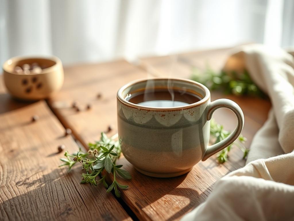 **Prompt for AI Image Generation:**

Create a realistic high-resolution photo that embodies the theme "The Art of Tabletop Photography." The composition should be simple and clear, featuring one main subject: a beautifully arranged tabletop scene showcasing a product, such as a handcrafted ceramic mug filled with steaming coffee. The mug should be placed on a rustic wooden surface, accompanied by delicate sprigs of fresh herbs and a soft, diffused light that casts gentle shadows, enhancing the warmth of the