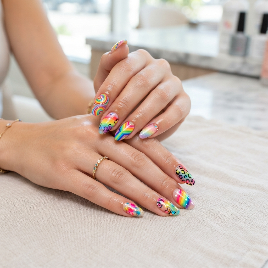 Colorful rainbow multi-design nails