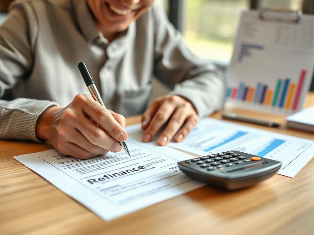 A close up shot of a person happily signing refinancing