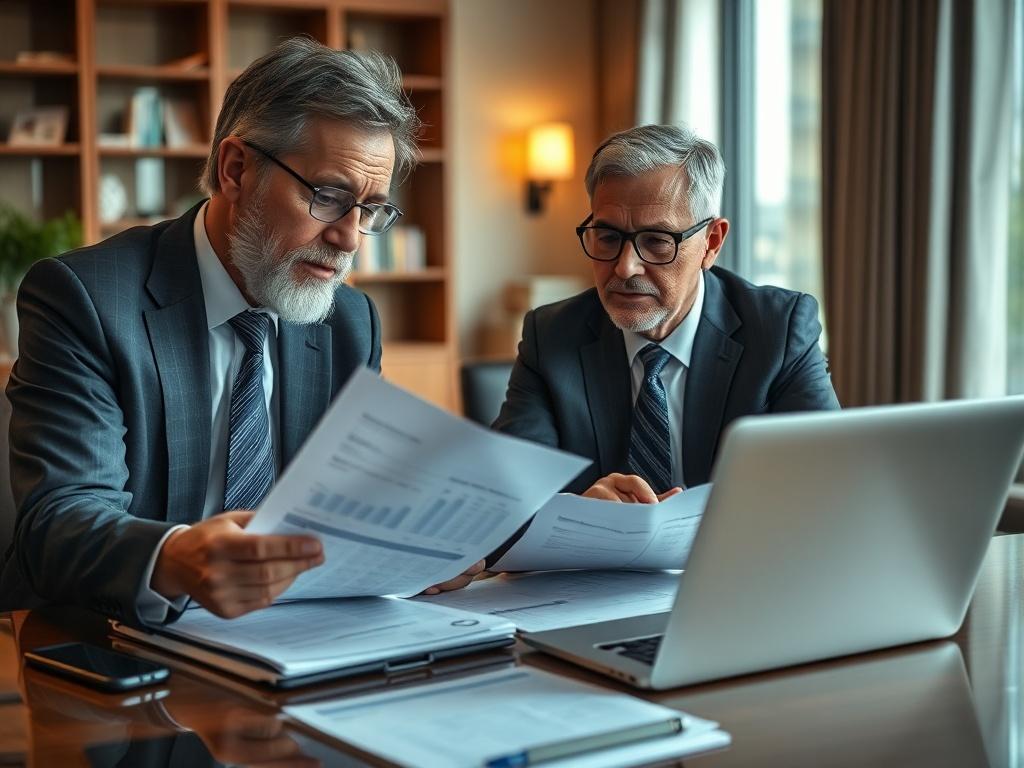 A close-up shot of a seasoned financial advisor analyzing reports with a business executive in a well-furnished office. The scene should reflect a deep discussion about investments and strategies, with financial documents and a laptop open on the table. The professionals should be dressed in business attire, conveying an atmosphere of expertise and collaboration.