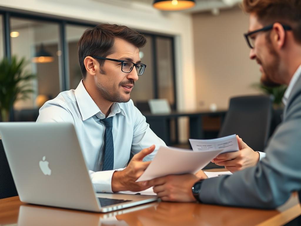 A close-up shot of a business professional discussing funding options with a client in a modern office setting. The scene should convey professionalism and trust, with warm lighting and a clean desk with financial documents and a laptop in the background. The focus should be on the interaction between the two individuals, capturing their engagement and the seriousness of the conversation.