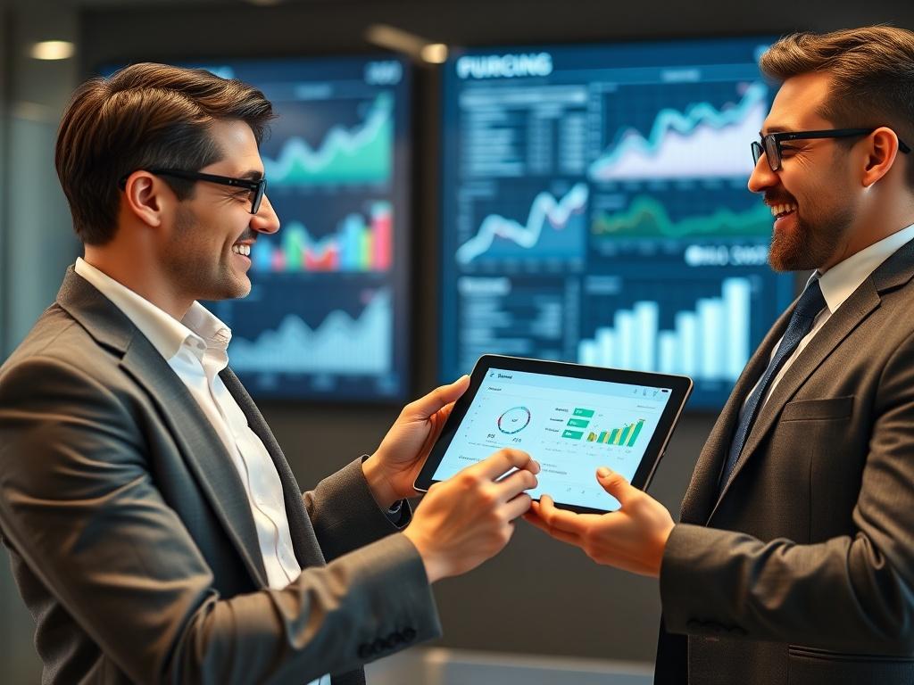 A close-up image of a confident lender presenting funding options on a tablet to an enthusiastic business owner in a sleek conference room. The background should include charts and graphs on a screen, illustrating financial growth. The image should capture the excitement of securing funding, highlighting the professional attire of both individuals and the modern environment.