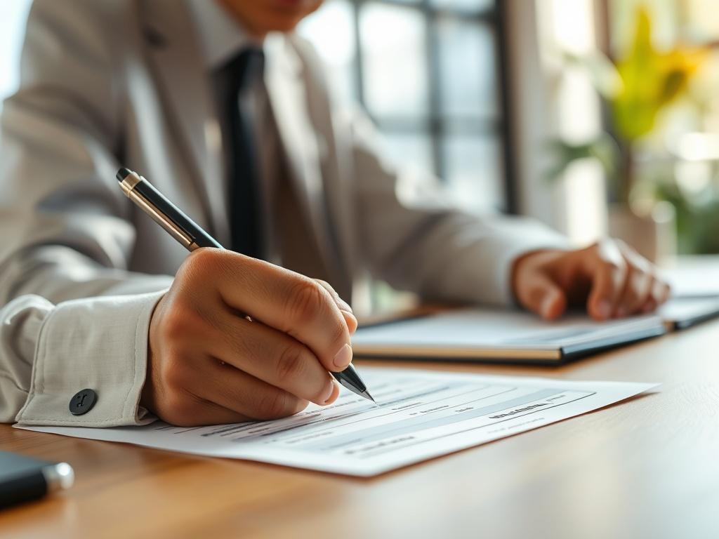 A close up shot of a person filling out a