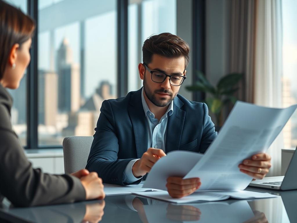A close-up shot of a confident, professional financial advisor sitting at a sleek desk, reviewing loan documents with a client. The background features a modern office setup with subtle hints of Charlotte's skyline through a window. The image should convey trust, clarity, and a supportive atmosphere, with the advisor actively engaging with the client, showcasing a personalized approach to lending.