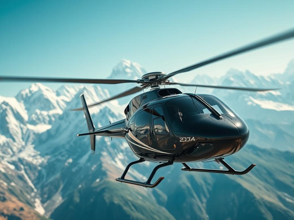 A close-up shot of a sleek, modern helicopter soaring above the majestic Himalayan mountains. The helicopter is in sharp focus against a backdrop of towering snow-capped peaks, including Everest, Lhotse, and Makalu, with a clear blue sky. The image captures the feeling of luxury and adventure, showcasing the grandeur of the landscape. The composition emphasizes the helicopter as the sole subject, with mountains creating a stunning and dramatic environment. The color palette features vibrant greens and blues
