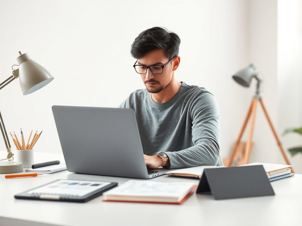A minimalist workspace featuring a single designer working intently on