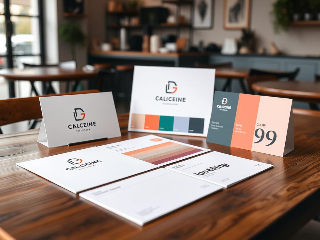 A stylish brand identity presentation displayed on a wooden table,