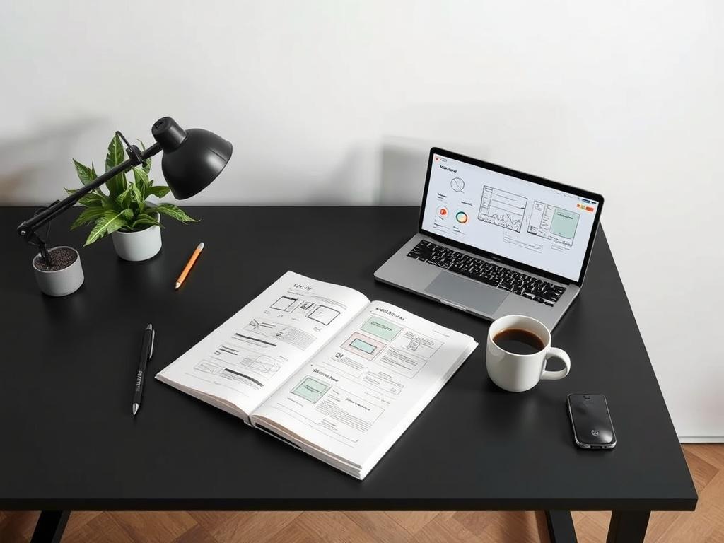 A clean and minimalistic workspace featuring a designer's desk with