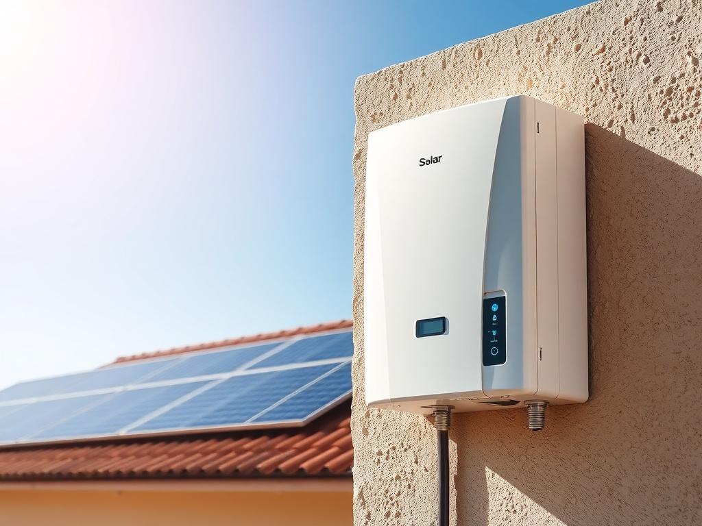 A high-resolution image of a solar on-grid inverter mounted on a wall in a bright, sunlit environment. The inverter should be sleek and modern, showcasing its features. The background should include solar panels on a roof under a blue sky, with natural earthy tones to reflect sustainability. The overall composition should be clean and clear, highlighting the inverter as the main subject.