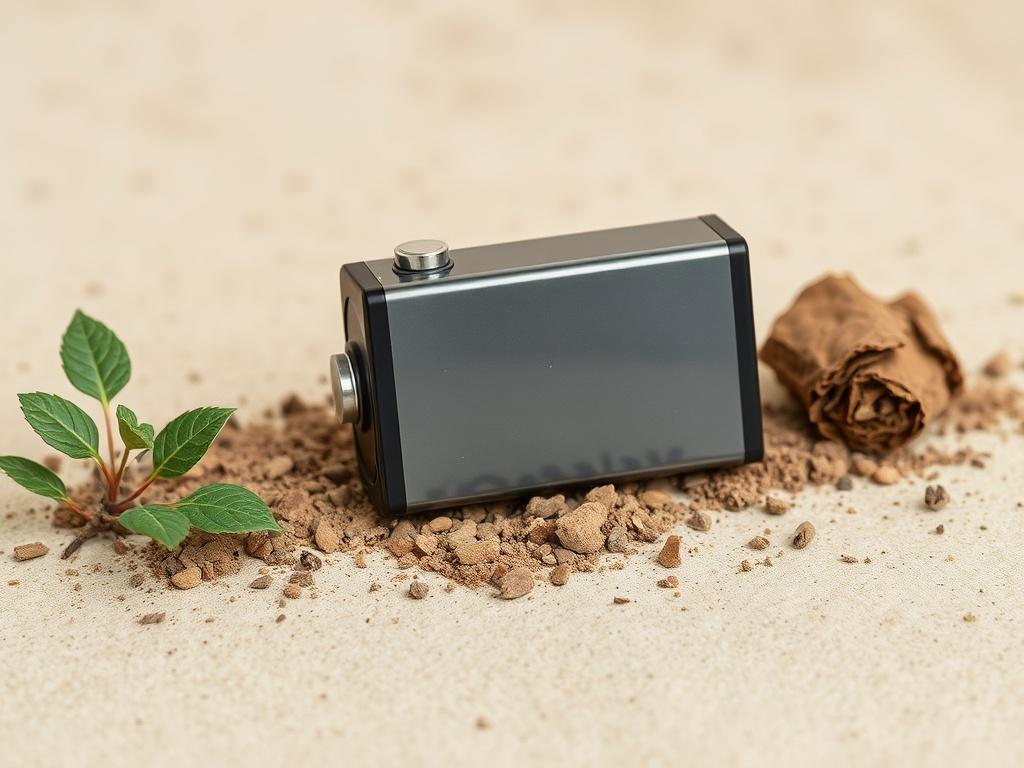 A high-resolution image of a lithium battery displayed prominently on a clean, neutral background. The battery should be modern and sleek, highlighting its design. The composition should be simple and clear, focusing solely on the battery as the subject, with earthy tones and textures to reflect sustainability.