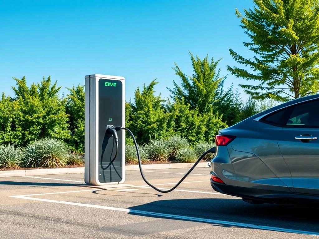 A realistic high-resolution image of an EV charging station installed in an outdoor parking lot. The station should be modern and sleek, with a vehicle plugged in for charging. The background should feature greenery to emphasize sustainability, with a bright blue sky. The composition should focus on the charging station, capturing its design and technology.