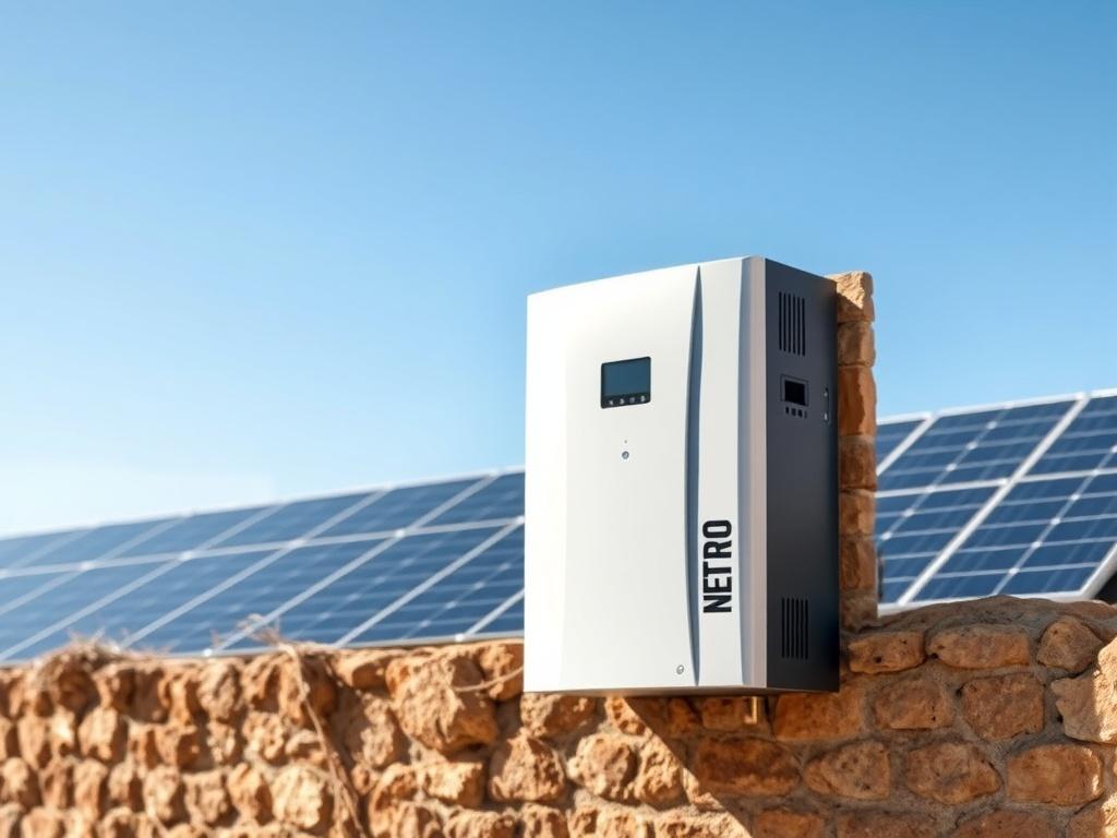 A high-resolution image of a sleek solar on-grid inverter installed on a wall, with solar panels in the background under a bright blue sky. The inverter should be the focal point, with earthy textures and natural tones around it, showcasing a clean and modern design.
