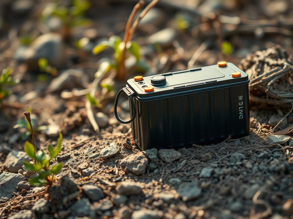 A detailed high-resolution image of a lithium battery, showcasing its sleek design and modern technology. The battery should be set against a natural backdrop, emphasizing its role in sustainable energy solutions, with earthy tones and textures enhancing the visual appeal.