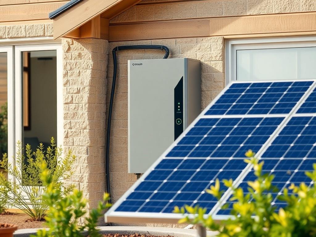 A realistic high-resolution image of a hybrid inverter installed in a contemporary home setting, surrounded by solar panels. The inverter should be prominently displayed, with soft natural lighting highlighting its features, while the background conveys a sense of modern living.
