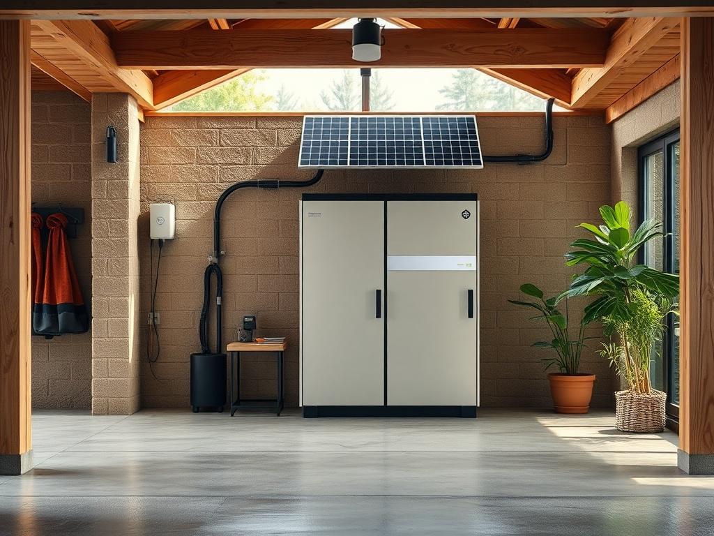 A high-resolution image of a sleek energy storage unit installed in a modern home garage, showcasing its design and functionality. The background should include elements of a sustainable home, such as solar panels or greenery, conveying the message of energy efficiency and innovation.