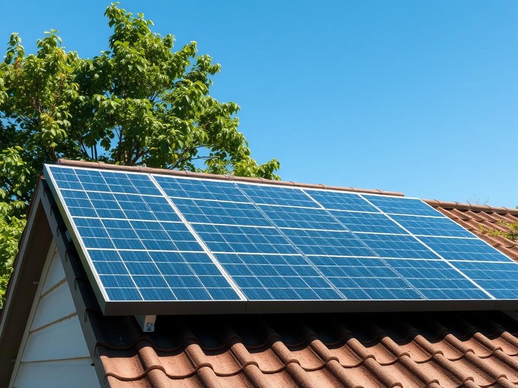 A high-resolution image of a modern solar panel installation on a residential rooftop, showcasing clear blue skies and sunlight reflecting off the panels. The background features lush greenery, indicating a sustainable environment. The composition should be simple and focused on the solar panels, capturing the essence of clean energy.