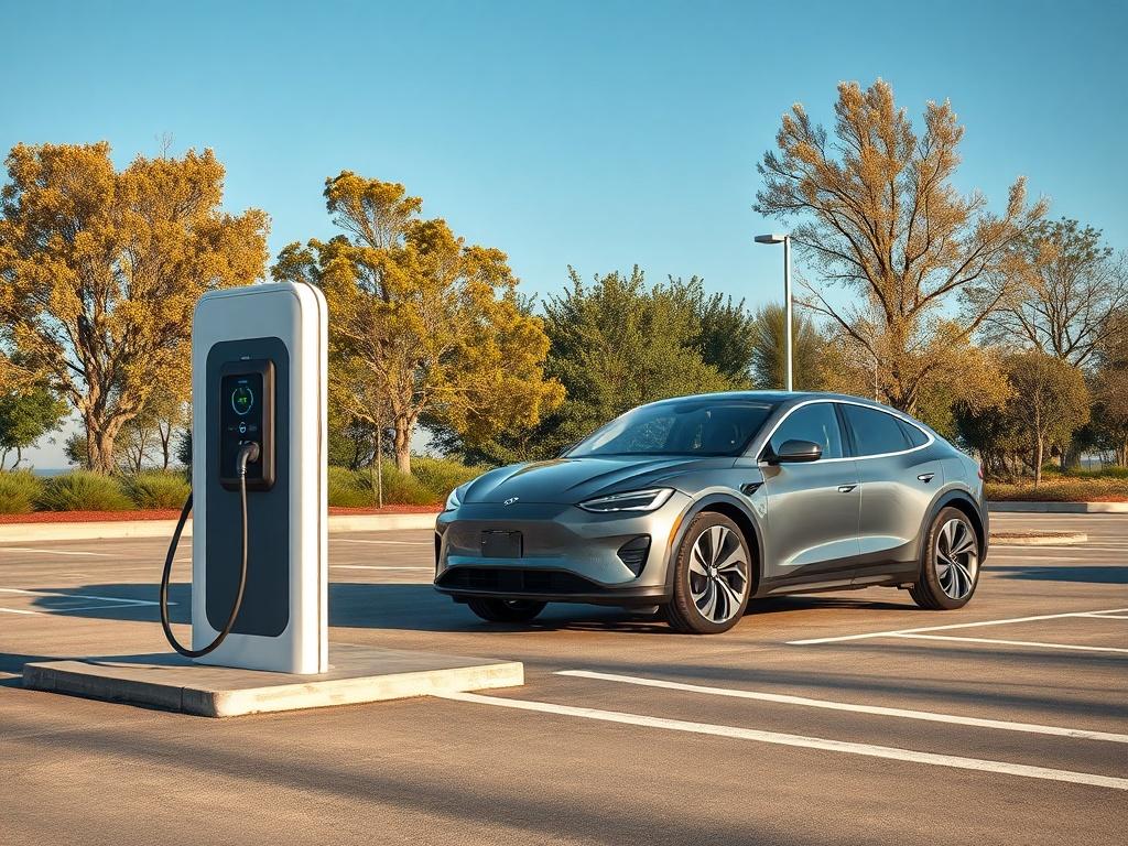 A realistic high-resolution image of a modern EV charging station in a public parking lot, with a sleek electric vehicle plugged in. The background should feature trees and a clear blue sky, symbolizing a sustainable future. The composition should highlight the charging station and the car, emphasizing the convenience of electric mobility.