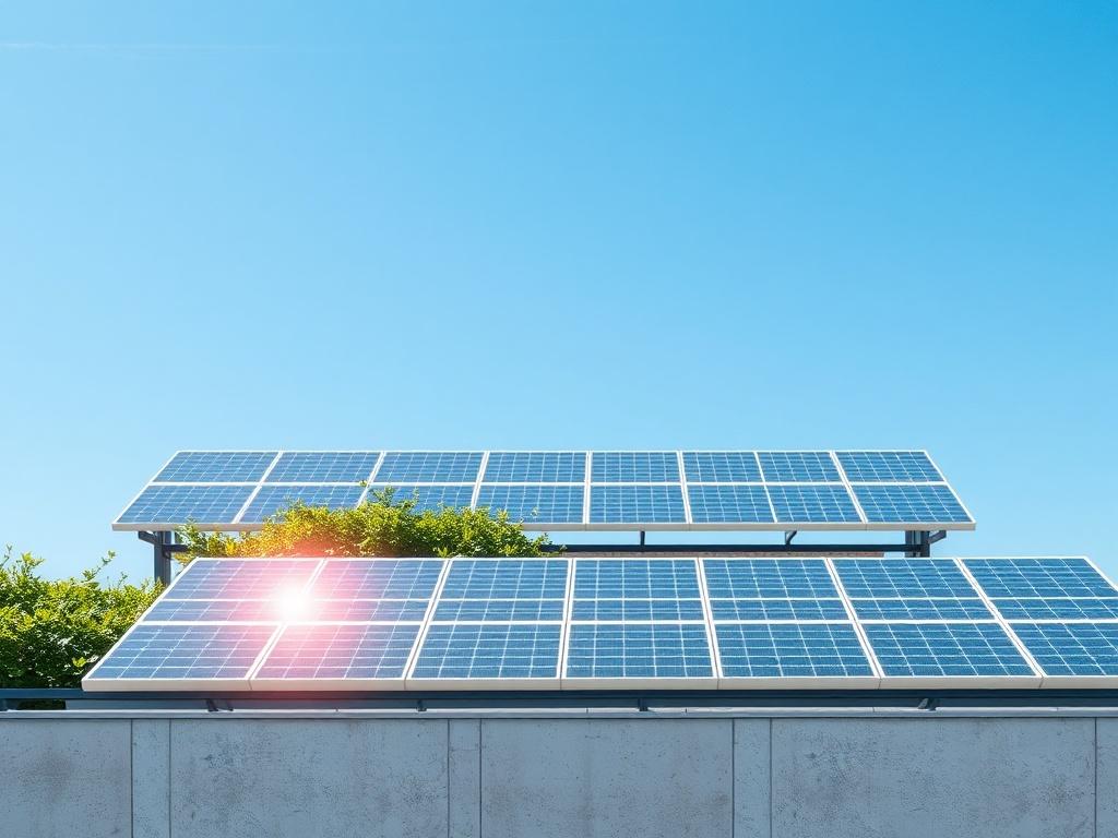 A realistic high-resolution photo showcasing a solar panel installation on a modern building roof, set against a clear blue sky. The solar panels reflect sunlight and are surrounded by greenery, emphasizing sustainability. The image should convey a sense of innovation and environmental responsibility, with earthy textures and natural tones.
