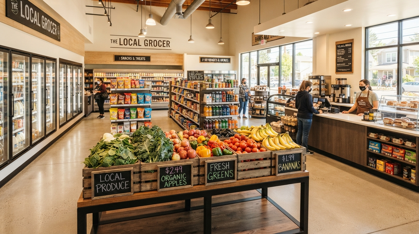 Inside Hazel Grove Mini Market with fresh produce and tidy shelves