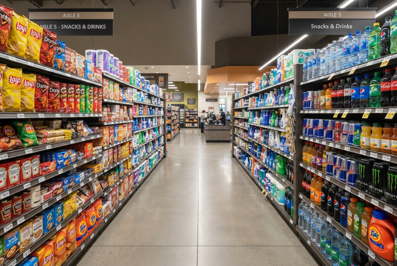 Well-stocked grocery aisle