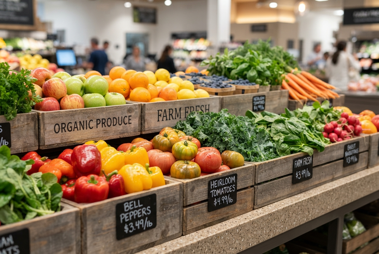 Fresh fruit and vegetables in wooden crates