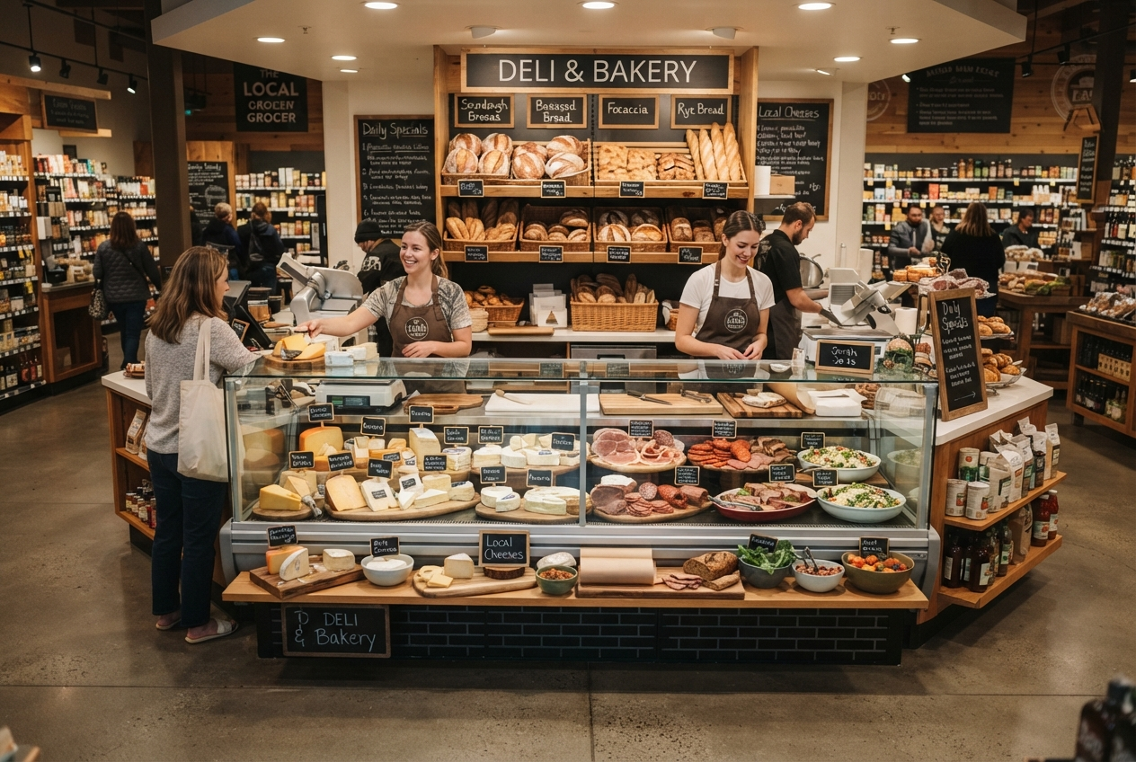 Deli and bakery counter with artisan breads and cheeses