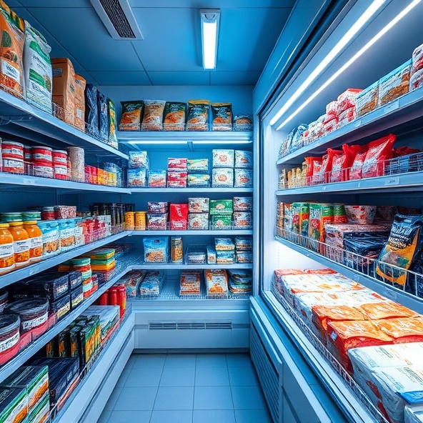 Organized freezer shelf with premium frozen food products in professional packaging