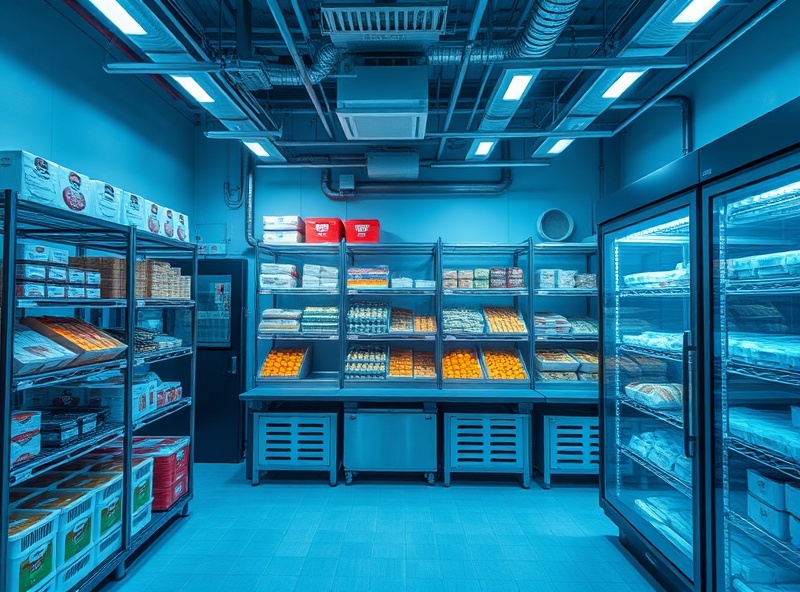Professional industrial cold room interior with organized storage of frozen food products and modern equipment