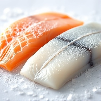 Premium frozen fish fillets - salmon and cod with ice crystals