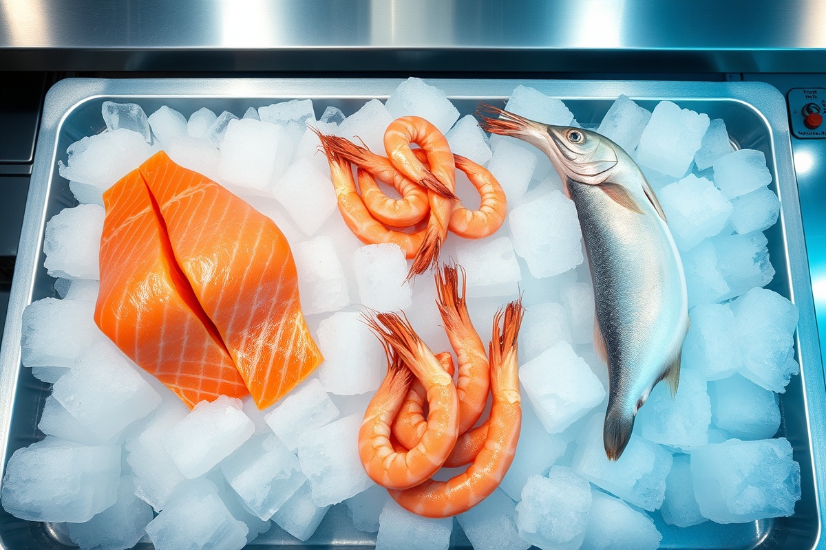 Premium frozen seafood and fish products displayed on ice in professional kitchen setting