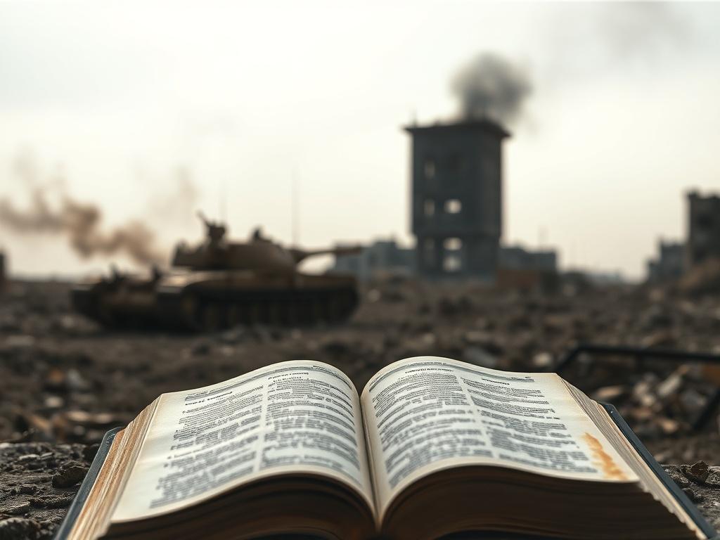 **AI Image Generation Prompt:**

Create a hyper-realistic high-resolution photo that conveys the gravity of the war in Iran, focusing on a single, powerful subject. The image should feature a weathered, open Bible placed prominently in the foreground, its pages gently fluttering as if caught by a breeze. This symbolizes the troubling juxtaposition of faith and war as politicians and leaders look to scripture for justification amid chaos.

In the background, depict a stark, war-torn landscape, hinting at des