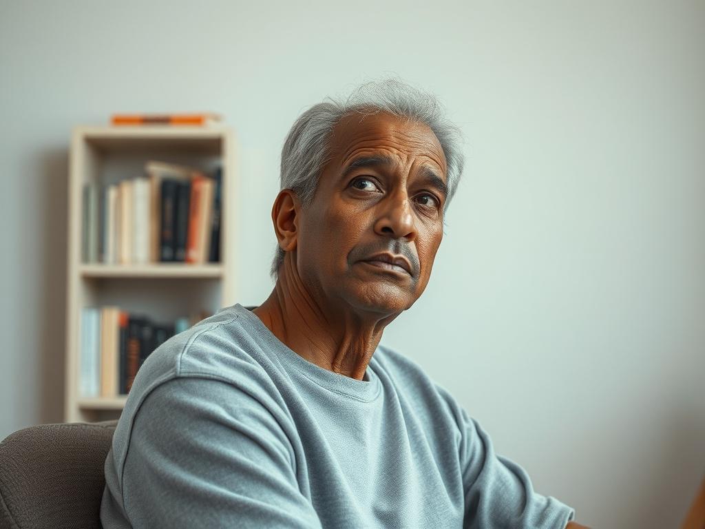 Create a realistic high-resolution photo focusing on a solitary figure deep in contemplation, representing the exploration of neurological phenomena post-brain ablation. The subject should be a middle-aged person of diverse descent, seated in a minimalist, softly-lit room that exudes a sense of serenity and introspection. Their expression should be contemplative, with a slight furrow of the brow, illustrating the complexity of their thoughts on "phantom triggers."

In the background, include a simple booksh