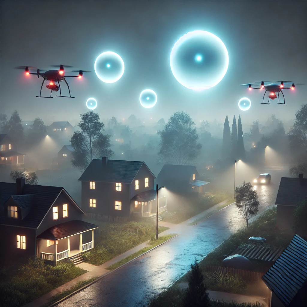 dall·e 2024-12-17 08.41.02 - a realistic scene of glowing orbs hovering above a quiet suburban neighborhood at night. the orbs emit soft bluish-white light, illuminating the foggy.webp