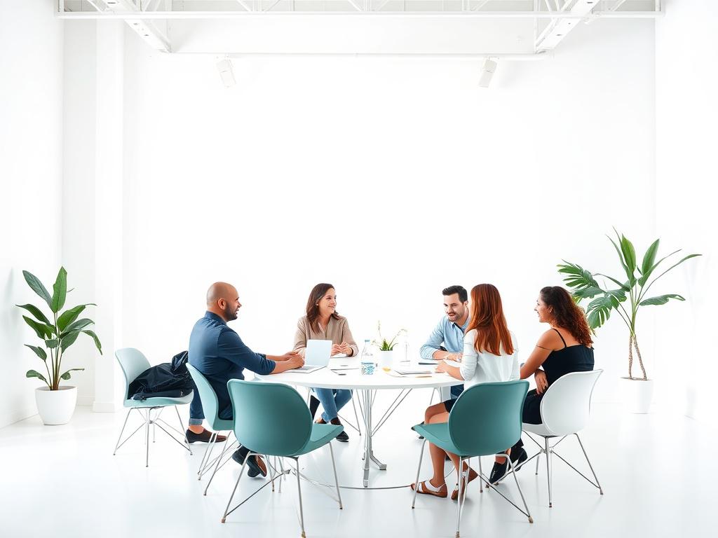 A collaborative creative meeting in a bright, minimalistic studio space