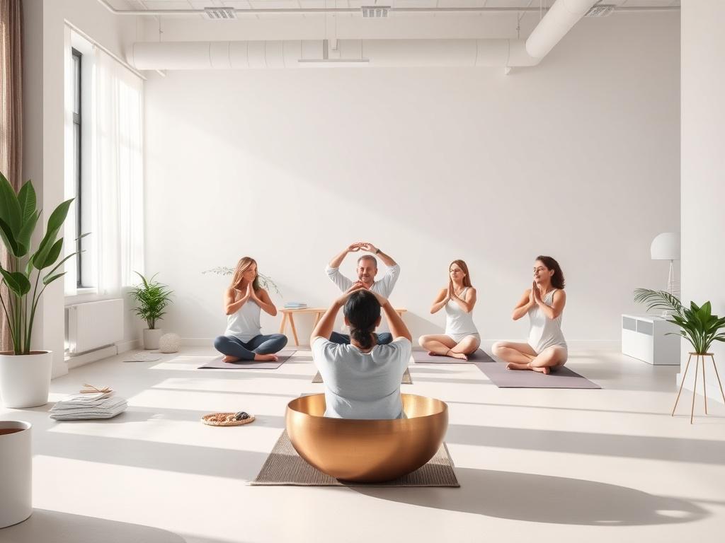 A serene office space with a small group practicing yoga and gentle movement, accompanied by a facilitator playing a crystal singing bowl. The room features clean lines, minimalistic furniture, and natural light, with soft white walls. The composition centers on the peaceful interaction between the participants and the sound instrument, emphasizing calm and focus.