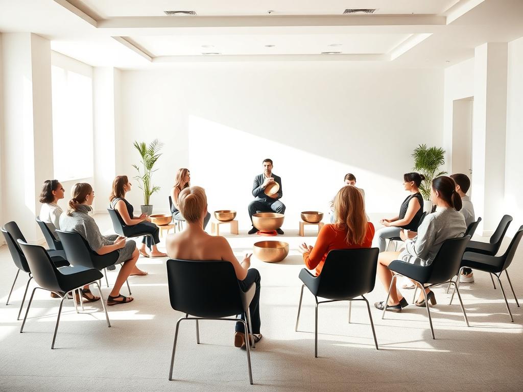 An elegant conference room with participants seated in a circle, eyes closed, immersed in a sound meditation session led by a facilitator playing Tibetan singing bowls. The space is minimalistic with white walls, simple black chairs, and soft natural lighting, creating a calming and focused atmosphere.