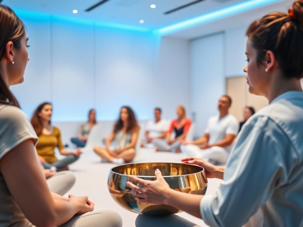 A modern conference room with attendees seated in a relaxed posture, eyes closed, immersed in a sound meditation session. The space is bright with minimalist decor, white walls, and subtle blue lighting accents in rgb(21, 196, 244). A facilitator gently plays crystal singing bowls in the foreground.