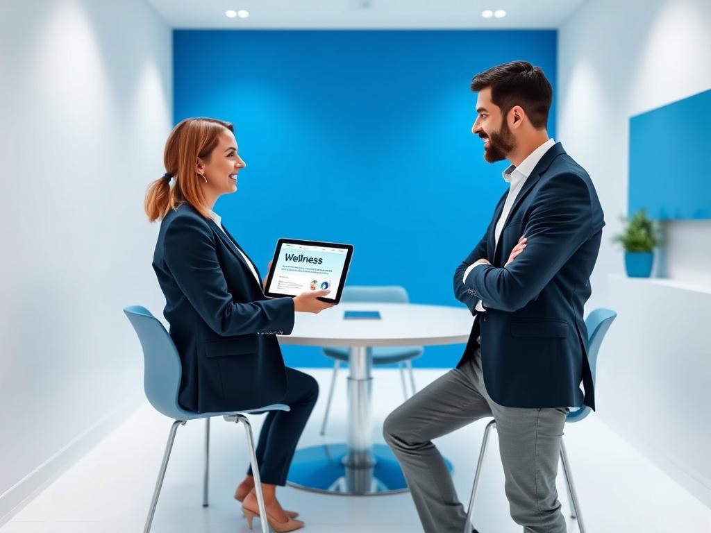 A professional meeting room with two collaborators discussing a wellness program. The room features minimalistic design with clean lines, white surfaces, and blue accents matching rgb(21, 196, 244). One person holds a tablet displaying wellness concepts, while the other listens attentively, creating an atmosphere of creative partnership and focus.
