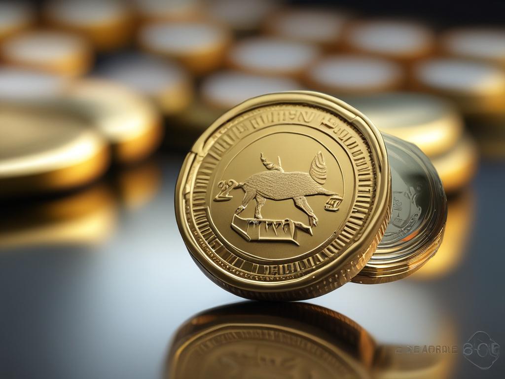 A close up shot of a shiny, gold coin emblazoned