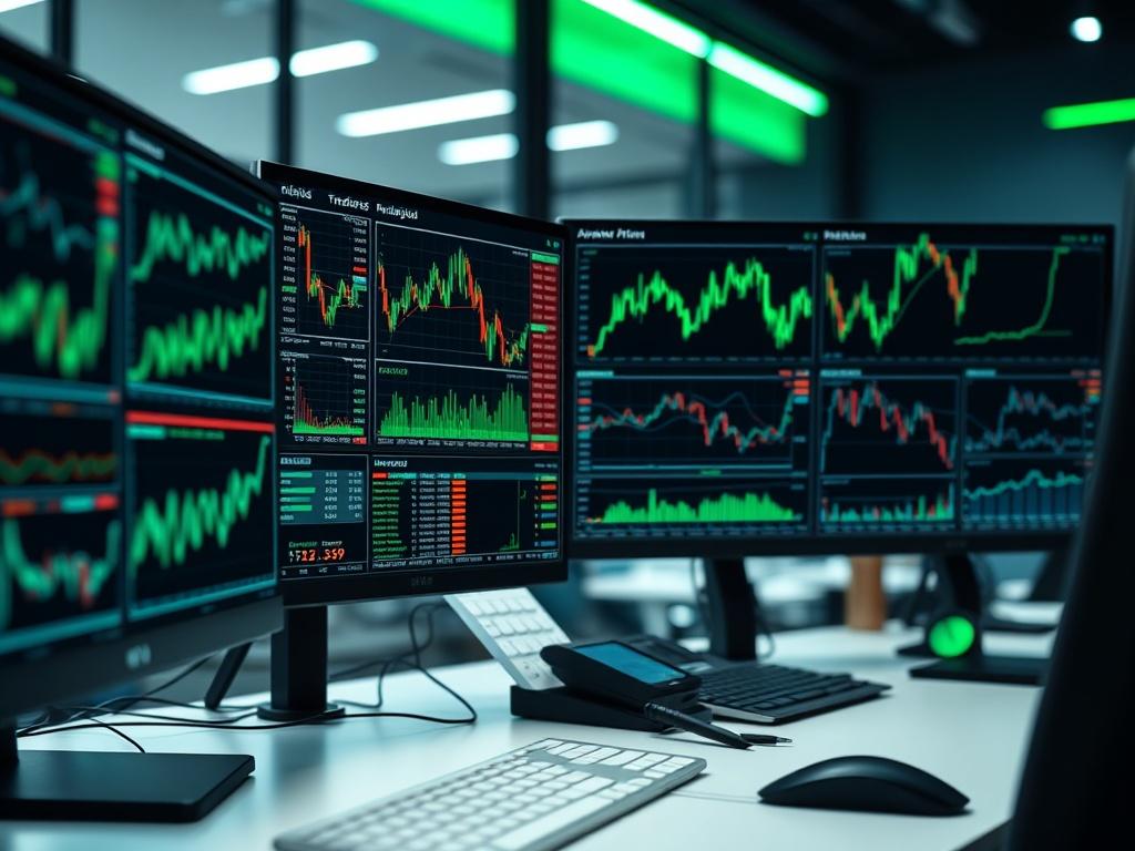 A close up shot of a sophisticated trading desk with