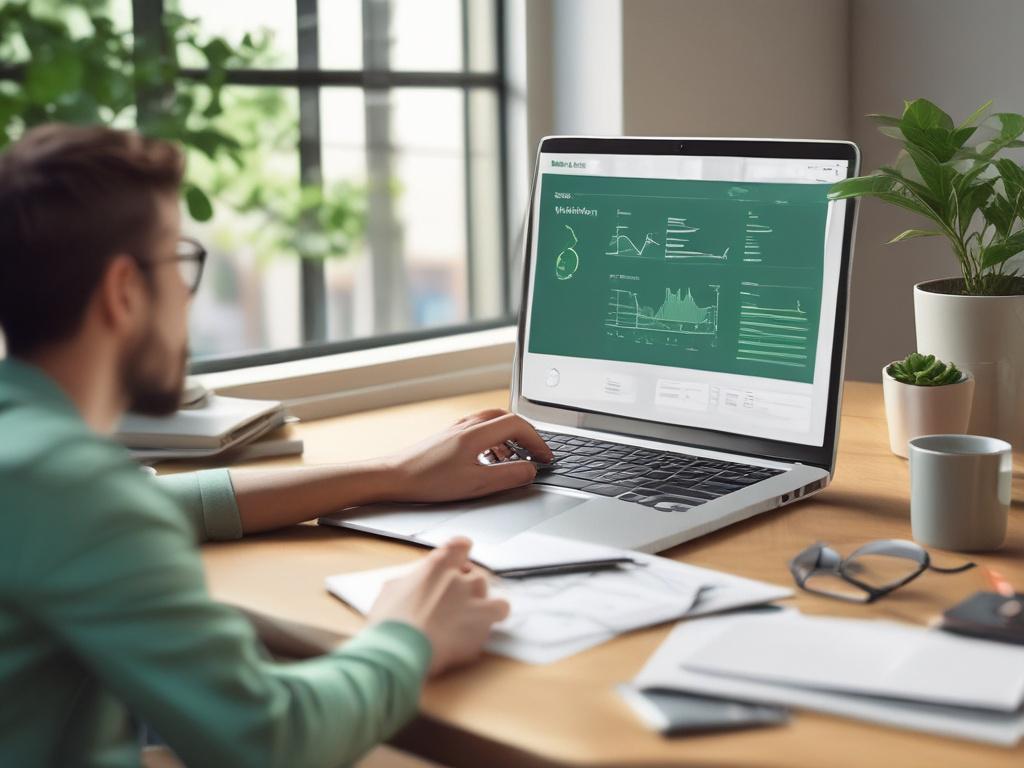 A confident investor reviewing financial reports on a laptop at