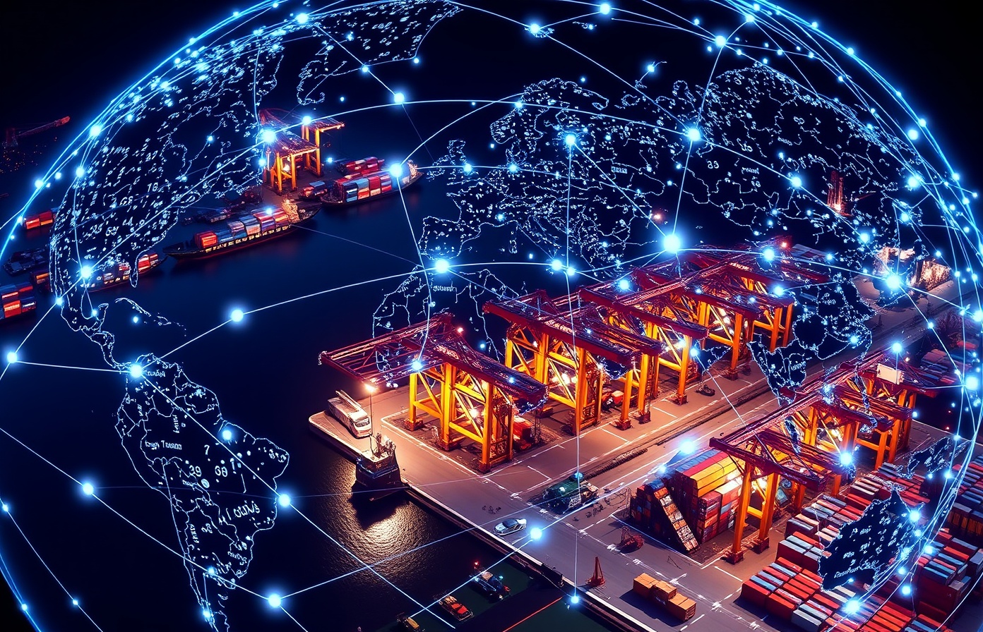 International industrial logistics network showing ports, supply chain infrastructure and global trade routes